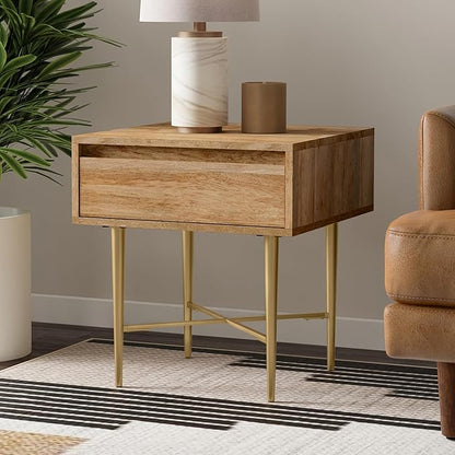 SIMPLIHOME Fallon End Table - 20 inch Wide Solid Mango Wood Square Accent Table with Storage Drawer and Gold Metal Base in Natural, Contemporary Nightstand or Lamp Stand for Living Room or Bedroom