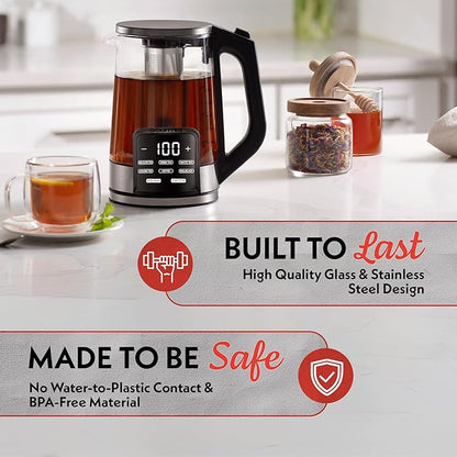 Gourmia Electric Glass Kettle – 1.7L Programmable Tea & Coffee Brewer with Digital Touch Display, 6 Presets, Removable Stainless Steel Infuser, Cordless with 360° Swivel Base, White