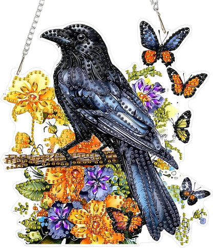 SENQAO Crow Diamond Art Hanging Kit for Adult, Special Shaped Rhinestone, Double Sided DIY Acrylic Diamond Art Painting Window Pendants Home Garden Wall Hanging Kits Hanging Ornament