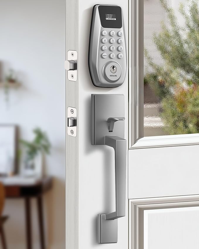 DESLOC C100 Keyless Entry Door Lock with Handle Set, Smart Deadbolt Lock for Front Door with 2 Keys, Auto Lock, 100 PIN Codes, Passage Mode, IP54 Waterproof, 12 Months Battery, Sliver