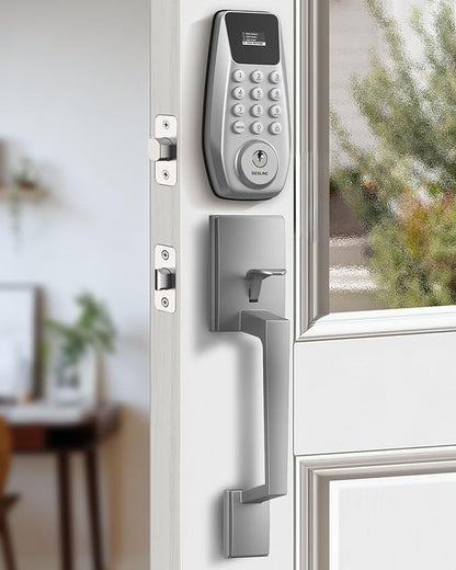 DESLOC C100 Keyless Entry Door Lock with Handle Set, Smart Deadbolt Lock for Front Door with 2 Keys, Auto Lock, 100 PIN Codes, Passage Mode, IP54 Waterproof, 12 Months Battery, Sliver