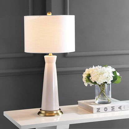 JONATHAN Y 29" Cream Modern Ceramic Column Table Lamp with Brass Gold Base, Elegant Bedside Lamp for Living Room Bedroom Nightstand, White Linen Shade, LED Bulb Included JYL3046A