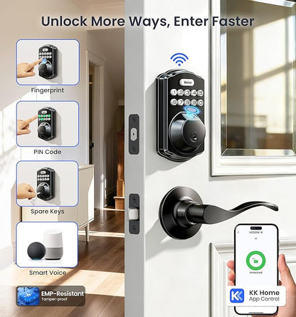 Veise VE012W-B Wi-Fi Fingerprint Smart Lock with Handle Set, Remote App Control, Keyless Entry Front Door Lever, Built-in WiFi No Hub Needed, Backlit Keypad Deadbolt, Auto-Locking, Matte Black