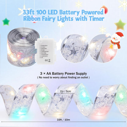 2 Pack Christmas Tree Ribbon String Lights - 33ft 100 LED Battery Powered Fairy Lights with Timer and 8 Lighting Modes, Ribbon Bows Light for 6ft - 8ft Christmas Tree Decor, Silver Ribbon, Multi-color