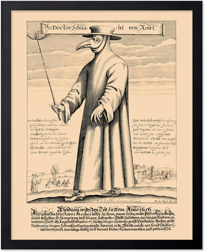 Poster Master Vintage Medieval Poster - Retro Illustration Print - Gift for Friend - Plague Doctor, Pandemic Mask, Physician, Black Death - Wall Decor for Home, Living Room, 16x20 Black Framed