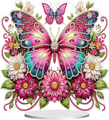 Diamond Painting Kits for Adults Beginners, 5D Full Drill Flowers and Butterfly Crystal Art Desktop Ornament, DIY Single Sided Home Office Desk Decor, Creative Craft Gift Set with Tools