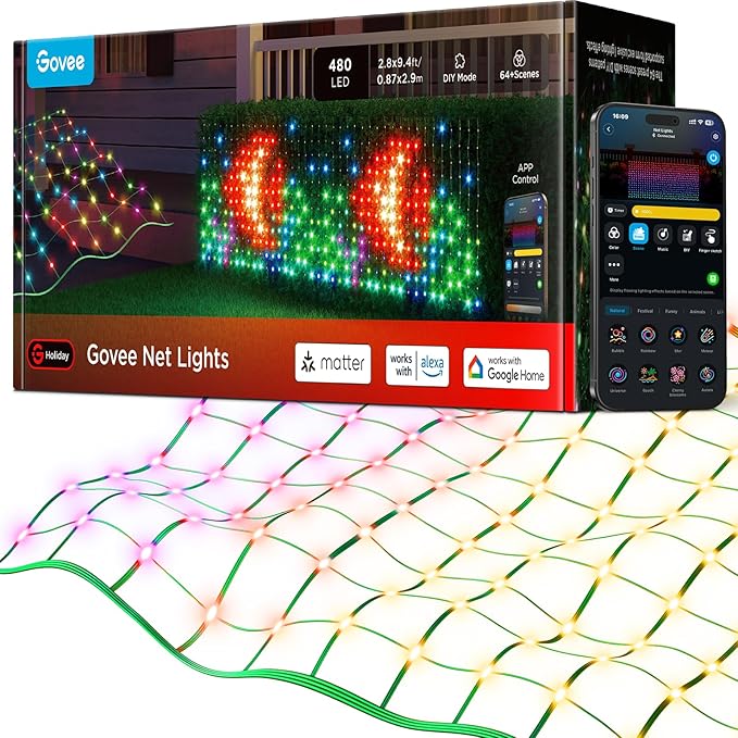 Govee Outdoor Net Lights, 2.8*9.4ft with RGBIC and DIY Functions, 480 LEDs Smart Net Lights with 64 Modes for Bush Patio Decor, Compatible with Alexa & Google Assistant, Outdoor Waterproof, Green Wire
