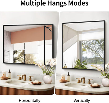 Black Bathroom Mirror for Wall, 30x36 Inch Rectangle With Metal Frame, Modern Vanity for Bathroom Living Room, Entryway Hangs Horizontal or Vertical