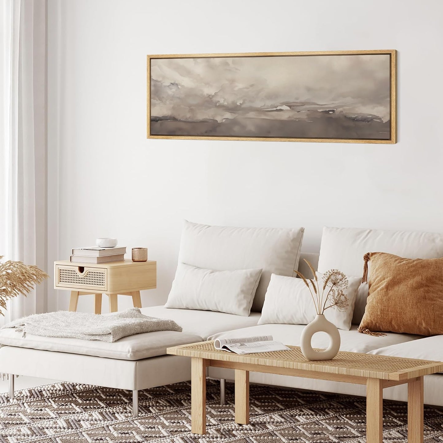 MUDECOR Large Framed Canvas Print Wall Art Misty Landscape Neutral Tranquil Abstract Nature Painting in Earth Tones Illustrations Decorative Colorful Multicolor for Bedroom - 60"x20"