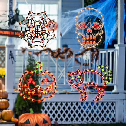 Lighted Spider, Bat, Happy Halloween Window Silhouette Decoration - Light Up Hanging Ornament