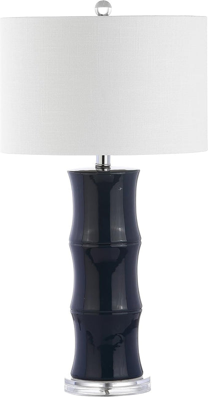 JONATHAN Y 26.5" Navy Blue Ceramic Table Lamp for Living Room, Bedroom Nightstand, White Linen Drum Shade, Bamboo Design Modern Bedside Desk Lamp with LED Bulb Included JYL3015A