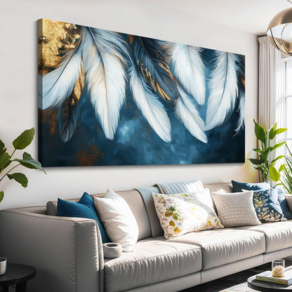 Mofutinpo Blue and Gold Wall Art Navy Blue Decor for Living Room Feather Canvas Art Wall Decor, Blue Bedroom Wall Decor Above Bed Pictures Wall Painting - Artwork for Walls 29×58IN