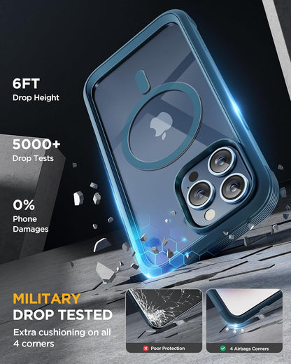 Miracase Magnetic for iPhone 15 Pro Case [Compatible with MagSafe] Full-Body Phone case with Built-in Glass Screen Protector& Camera Protector, Military Drop Proof 15 Pro Cover 6.1 inch, Storm Blue