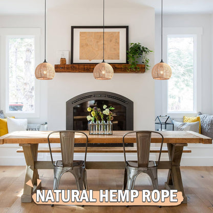 3 Pack Wicker Pendant Light Natural Woven Pendant Light Boho Chandelier Light Fixture Dome Rustic Farmhouse Pendant Lights Rattan Light Fixture for Dining Room Kitchen Island (Bulb Incl.)
