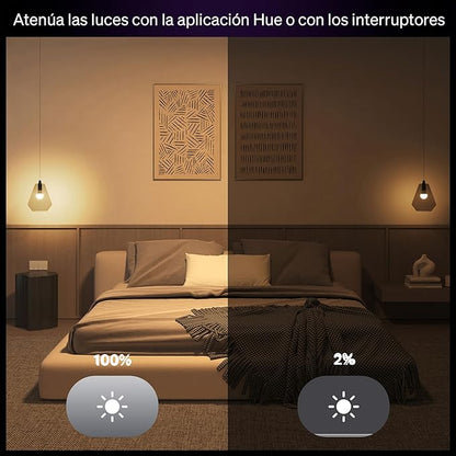 Philips Hue Essential Starter Kit: Bridge + 4 Essential E26 Smart Bulbs,White & Color Ambiance,2200K-6500K,Dimmable,Compatible with Alexa,Google,Samsung SmartThings,Apple Home