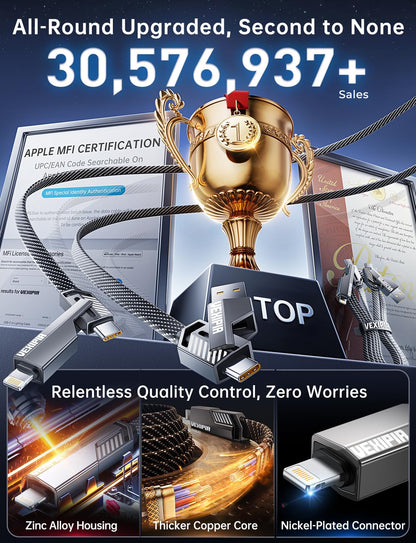 4-in-1 USB C Cable 60W 5FT Compatible with Lightning Cable [Fast Charging & Data Transfer] Flat Nylon Braided for iPhone iPad Charger Cord, Multi Charge Wire Combo with L/Type C/USB A Port