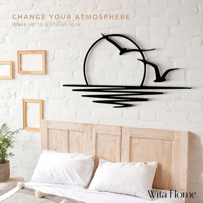 Wita Home Sunset with Seagulls Metal Wall Mounted Art, Handcrafted Metal Home Decor with Static Powder Coating, Eye-Catching Addition to Living Room Decor, Modern Beach Decor for Indoor and Outdoor Spaces, Perfect Housewarming Gift (48 x 24 inches)