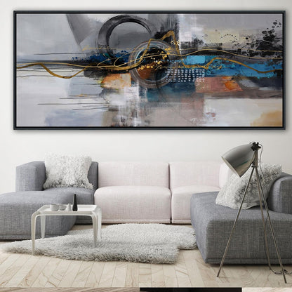 XLSJERST Large Abstract Frame Wall Art - Black and Blue Cnavas Framed Artwork for Walls Modern Minimalist Boho Gray Pictures Wall Decor for Living Room Bedroom Office Home Decoration 86x39 Inches