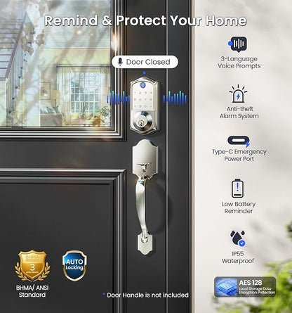Veise VE017G Wi-Fi Keyless Entry Door Lock, App Remote & Voice Control, Fingerprint Smart Locks for Front Door, Touchscreen Electronic Keypad Deadbolt, Auto Lock, Emergency Power Port, Satin Nickel