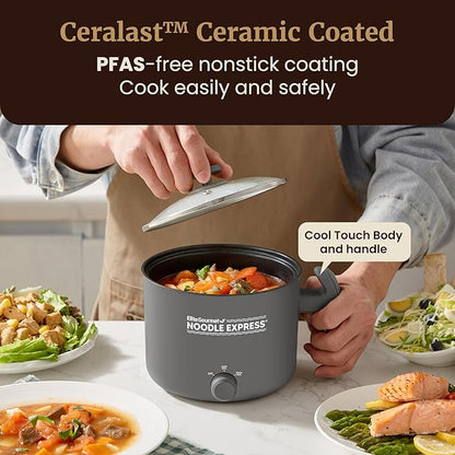 Elite Gourmet NOODLE EXPRESS Electric Hot Pot, Prepare Noodles, Soups, Stews, Cool-touch Handle, Ceralast™ PFAS-Free Ceramic Non-stick, Tempered Glass Lid, 2 Heat Settings-High/Low, Grey
