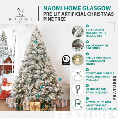 Glasgow 6.5ft Frosted Prelit Artificial Christmas Tree with Pine Cones, Foot Pedal, 1040 Branch Tips, 650 Warm Lights & Metal Stand, 56" Wide Realistic Snow Flocked Pine Christmas Tree with Lights
