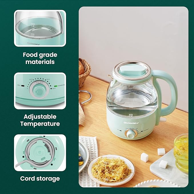 Elite Gourmet 1.2L Electric Glass Kettle, 1200W Fast Boil, Adjustable Temperature Control & Keep Warm, BPA-Free Borosilicate Glass, Auto Shut-Off & Boil-Dry Protection, 360° Cordless Base, Mint