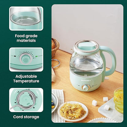 Elite Gourmet 1.2L Electric Glass Kettle, 1200W Fast Boil, Adjustable Temperature Control & Keep Warm, BPA-Free Borosilicate Glass, Auto Shut-Off & Boil-Dry Protection, 360° Cordless Base, Mint
