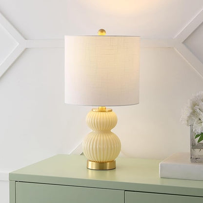 JONATHAN Y 20" Ivory/Brass Gold Ribbed Gourd Glass Table Lamp, Modern Bedside Lamp for Bedroom Living Room, White Linen Drum Shade, LED Bulb Included (JYL1099G)