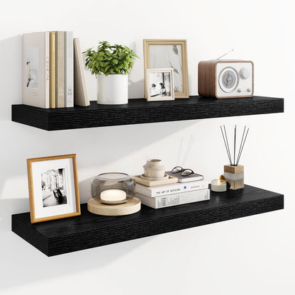 Marsmiles 31.5" Floating Shelves for Wall, Wooden Shelves with Invisible Brackets Set of 2, Rustic Farmhouse Wall Mounted Shelf for Kitchen Bathroom Living Room Study, Black
