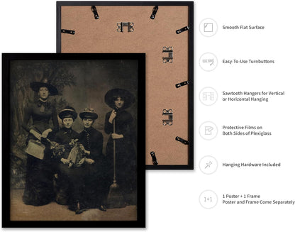 Poster Master Vintage Photograph Poster - Retro Halloween Print - Gift for Artist, Friend - Four Witches Wearing Robes, Sabbath, Coven, Sorcery - Wall Decor for Home, Office, 16x20 Black Framed