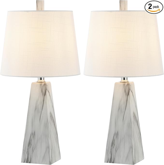 JONATHAN Y 20.5" White Marble Finish Modern Resin Table Lamp for Bedroom Living Room, Contemporary Faceted Bedside Lamp with White Linen Shade, LED Bulb Included (JYL1037A-SET2)