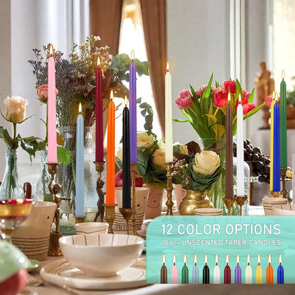 24 Pack 10" Tall Colored Taper Candles, Dripless Unscented Colorful Candlesticks for Birthdays Dinner Party Home Décor, Long Burning Spell Chime Candles for Witchcraft Ritual Prayer Meditation