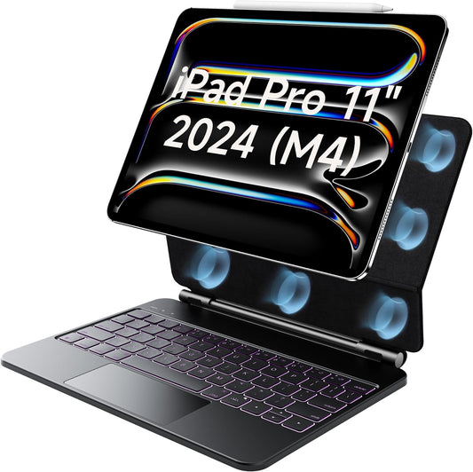 HOU iPad Pro 11 Inch Case with Keyboard M4 2024(ONLY),Magic Keyboard iPad Pro 11 Inch (5th Gen) Keyboard Case,Click-Anywhere Trackpad,7 Colors Backlight,Easy-Set,Black