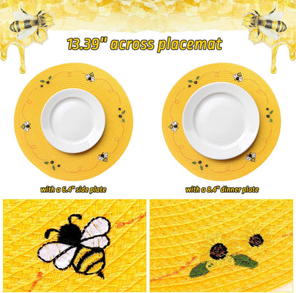 Whaline 4Pcs Round Placemats Bee Sunflower Embroidered Place Mats Bee Floral Dinner Table Mats for Home Spring Summer Holiday Birthday Baby Shower Party Decor