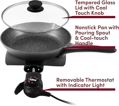 Elite Gourmet EG6207# Scratch Resistant 10.5-inch (2Qt) Fry Pan, Easy-Pour Spout Dishwasher Safe, Non-stick Electric Skillet with Vented Glass Lid, Adjustable Temperature, Black