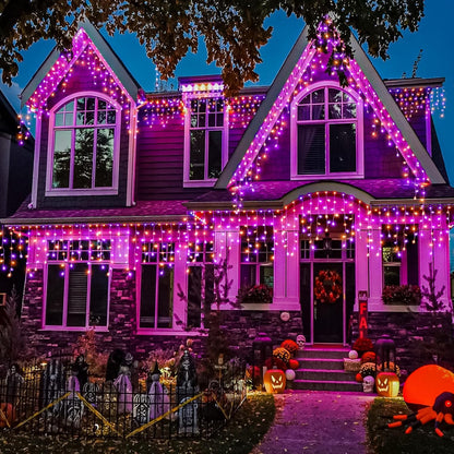 66ft Halloween Lights Outdoor, Orange and Purple Icicle Lights for Outside Indoor, 640 LED Twinkle String Lights with 120 Drops Clear Wire Short Curtain Light for House Party Tree Holiday Yard Decor