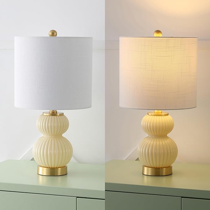 JONATHAN Y 20" Ivory/Brass Gold Ribbed Gourd Glass Table Lamp, Modern Bedside Lamp for Bedroom Living Room, White Linen Drum Shade, LED Bulb Included (JYL1099G)