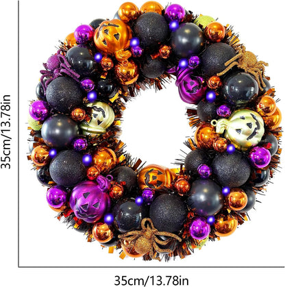 13.8 Inch Halloween Ball Wreath for Front Door with Lights, Lighted Cute Treat-or-Trick Door Wreath Ball Ornament for Halloween Indoor Decorations Centerpiece Party Holiday Wall Home Decor
