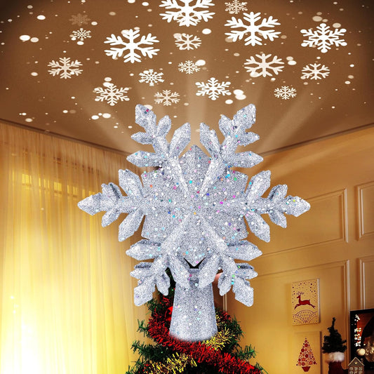 Christmas Tree Topper Lighted with Built-in Led Rotating Snowflake Projector Lights, 9.6” Hollowed Tree Topper with Silver Spangles Plug In for Indoor Home Xmas New Year Party Holiday Night Tree Decor