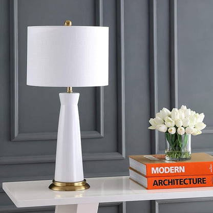 JONATHAN Y 29" White/Brass Gold Modern Ceramic Column Table Lamp with Brass Gold Base, Elegant Bedside Lamp for Living Room Bedroom Nightstand, White Linen Shade, LED Bulb Included (JYL3046B)