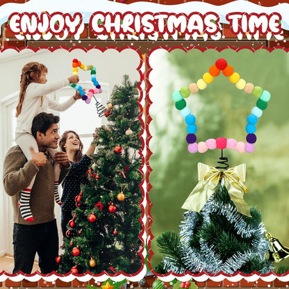 Rainbow Felt Ball Star Christmas Tree Topper Colorful Pom Pom Felt Ball Xmas Tree Topper Colorful Five Pointed Star Xmas Ornaments for Decoration(8.3 x 7.1 Inch)