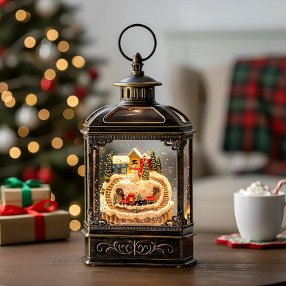 Christmas Snow Globe Lantern Water Glittering Snowman & Train with Music, USB Lined/Battery Operated Lighted Lantern for Christmas Festival Decoration Gifts
