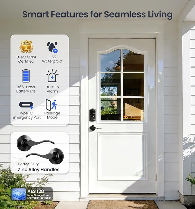 Veise VE017-L Fingerprint Smart Lock with Lever Handles, App Control, Keyless Entry Front Door Lock Set, Electronic Digital Keypad Deadbolt, Remote Grant, Emergency Power Port, Auto Lock, Matte Black