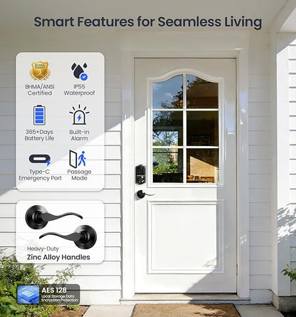Veise VE017-L Fingerprint Smart Lock with Lever Handles, App Control, Keyless Entry Front Door Lock Set, Electronic Digital Keypad Deadbolt, Remote Grant, Emergency Power Port, Auto Lock, Matte Black