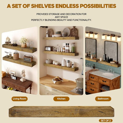 Floating Shelves 3 inch Thick for Wall Set of 2,Solid Pine Wood Wall Mount Shelf for Kitchen Living Room Bedroom Bathroom,8" D x 24" L x 3" H-Distressed Black Walnut