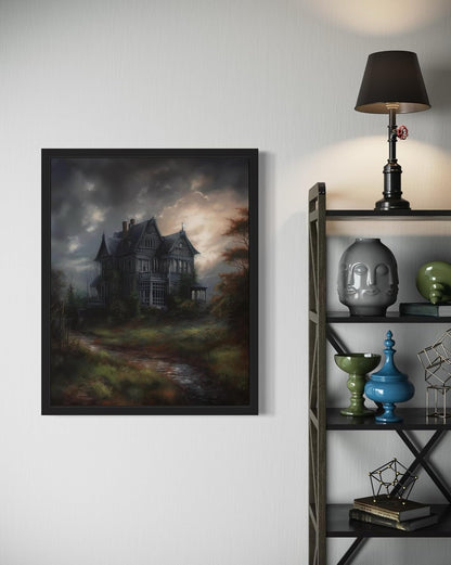 Haunted House Poster Art Print, Halloween Scary Vintage Wall Art Academia Spooky Painting Decoration for Horror Prints, Gothic Posters Bedroom Decor 89 (Haunted House, 16 x 20 inches, Black Frame)