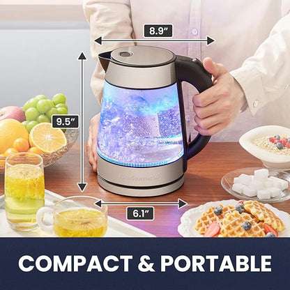 Elite Gourmet EKT-602 Electric BPA-Free Glass Kettle, Cordless 360° Base, Stylish Blue LED Interior, Handy Auto Shut-Off Function – Quickly Boil Water For Tea & More