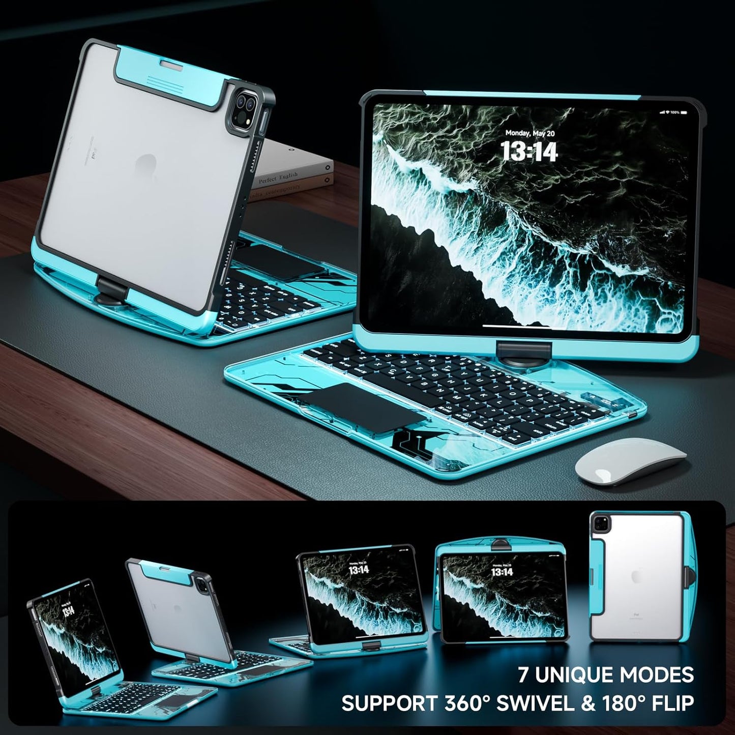 Transparent Case with Keyboard for iPad 9th (7th, 8th, and 9th Gen) 10.2 Inch,with 7-Color Backlit Wireless Keyboard,360°Rotatable Protective Case Multi-Touch Trackpad,with Pencil Holder,Blue