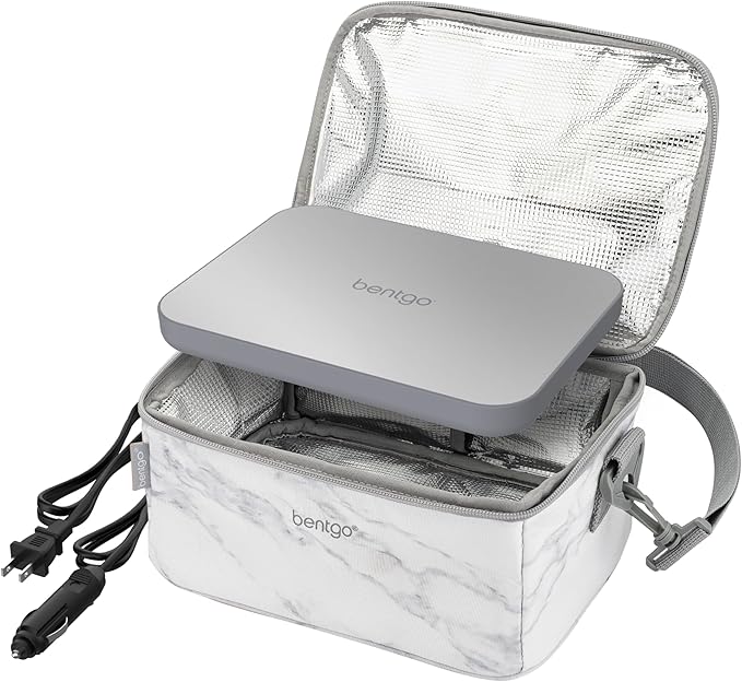 Bentgo Heat - Electric Lunch Bag & Food Warmer for Reheating Meals in Car, at Work & More - Heated Lunch Box Warmer for Adults, Students & Shift Workers, 12V/24V Auto & 120V Wall Cords (White Marble)