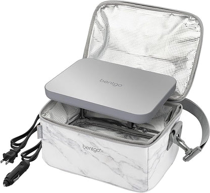 Bentgo Heat - Electric Lunch Bag & Food Warmer for Reheating Meals in Car, at Work & More - Heated Lunch Box Warmer for Adults, Students & Shift Workers, 12V/24V Auto & 120V Wall Cords (White Marble)